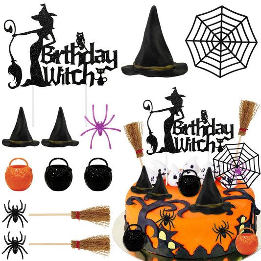 Morofme 13pcs Witch Cake Topper Halloween Cake Decoration Halloween Witch Cakes Decorations Black Themed Cupcake Toppers Hat Broom Spider Web Glitter Happy Birthday Decor for Scary Party Supplies