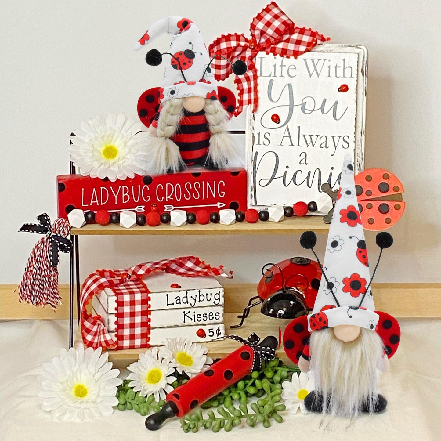 Vytina 2 Pcs Ladybug Gnomes Gift Cute Little Ladybugs Couple Gnome Plush Spring Summer Autumn Swedish Tomte Ladybird Doll Elf for Home Farmhouse Tiered Tray Decor