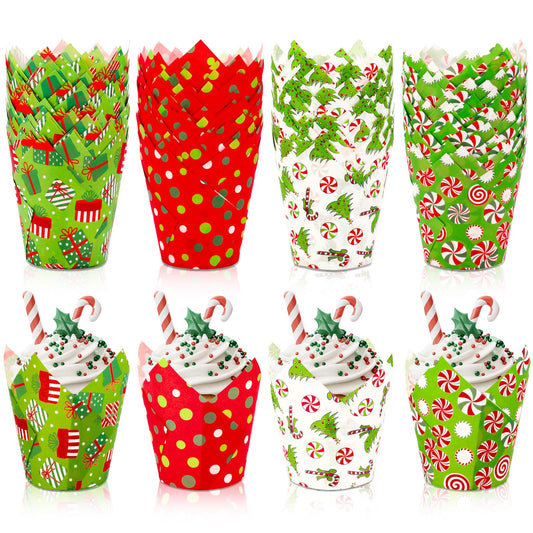 FYSUIMU 200Pcs Christmas Tulip Cupcake Liners Funny Cartoon Character Muffin Baking Cups Xmas Red Green Cupcake Wrappers for Winter Holiday Birthday Wedding Party Supplies Table Decor