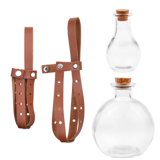 Eco-Fused Cosplay Potion Bottle 2x (Big/Small) - Clear Spherical, Wizard, Costume Accessory - Incl. Cork Stopper, Brown Faux Leather Sleeve Holder, Belt Loop