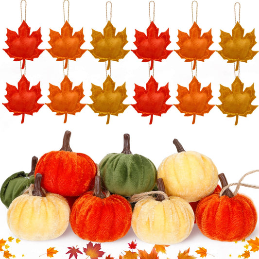 Janinka 20 Pcs Thanksgiving Tree Decoration Velvet 2 Inch Fall Leaves Pumpkin Hanging Ornament Thanksgiving Tree Ornament Velvet Maple Leaf Pumpkin Small Trees Decorations for Farmhouse Harvest Autumn