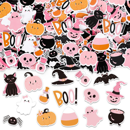 JarThenaAMCS 500Pcs Halloween Pink Foam Stickers Cute Cartoon Ghost Boo Pumpkin Self-Adhesive Sticker Decals for DIY Art Craft Birthday Baby Shower, 15 Designs