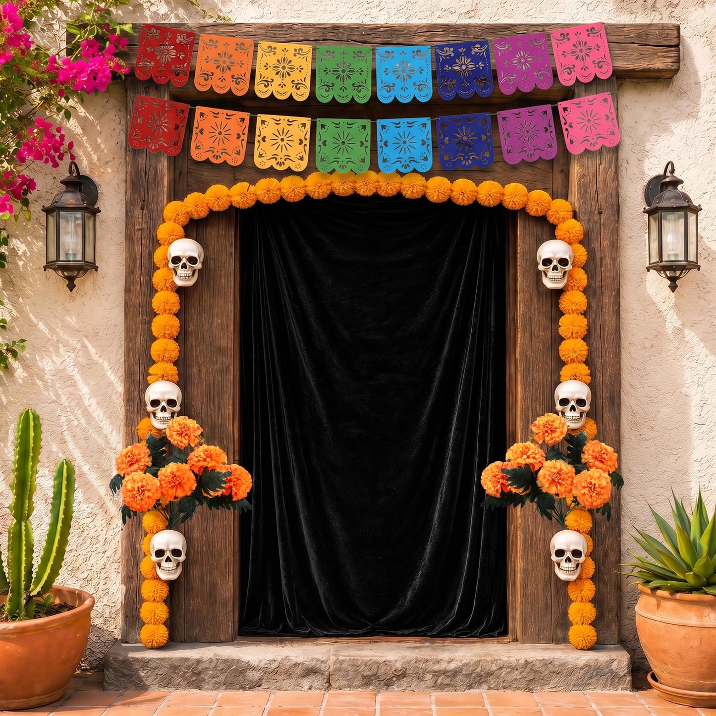 Geelin 12pcs Día De Los Muertos Decorations Kit Day of the Dead Altar Decor Set with Black Flannel Backdrop Papel Picado Banner Marigold Flowers Skull Decor for Halloween Mexican Home