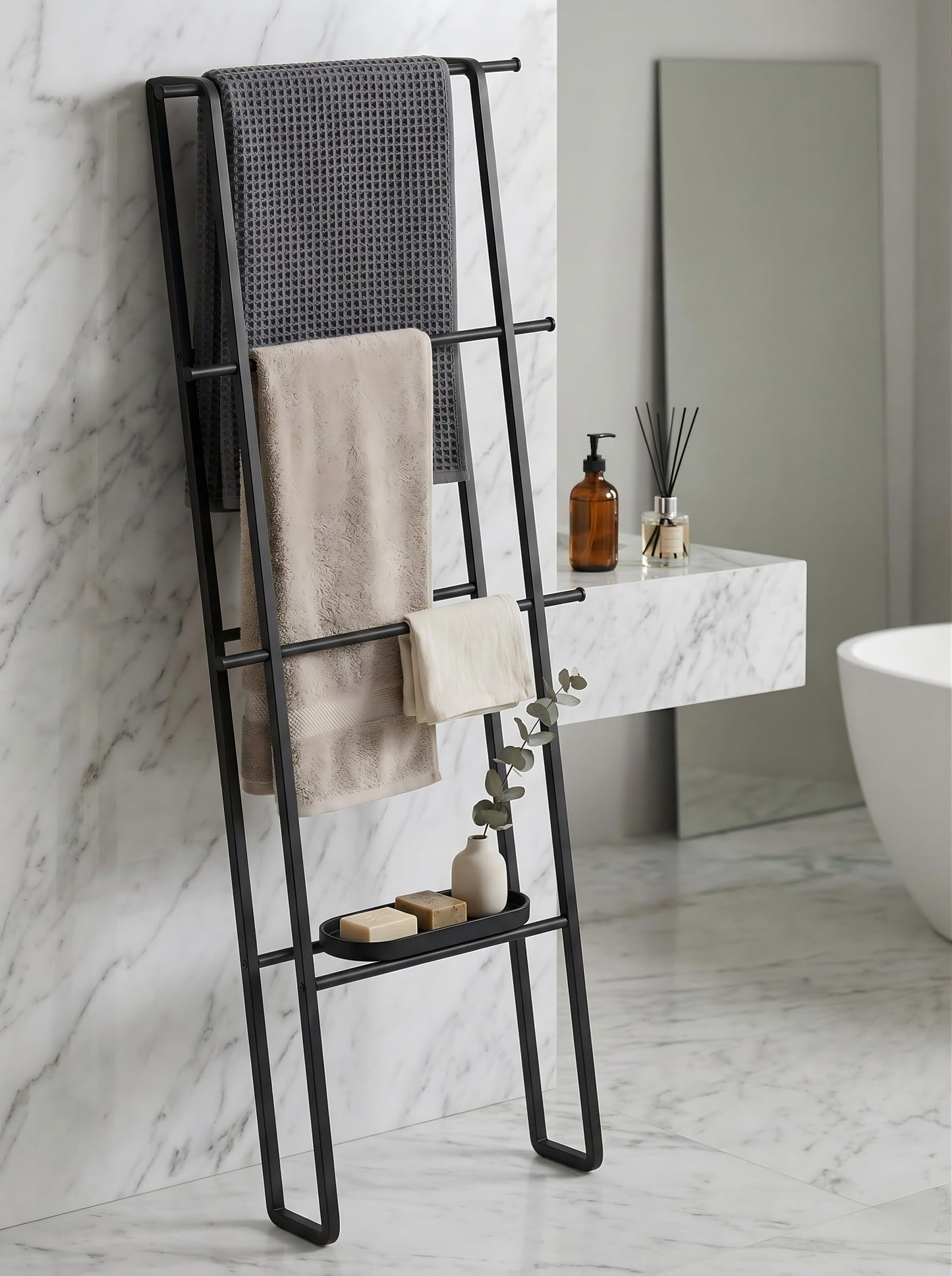 CANYAVE Metal Leaning Ladder Towel Rack, 4-Tier Blanket Stand for Bathroom Living Room, No Drilling Quilt Storage Organizer (Matte Black)
