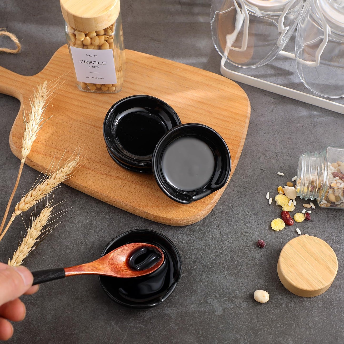 Boao 2.7 Inches Mini Ceramic Spoon Rests, Gold Rim Kitchen Spoon Rests, Mini Cooking Spoon Holder for Stove Top Countertop, Teaspoon Rest, Coffee Stir Spoon Rest (Black,4 Pieces)