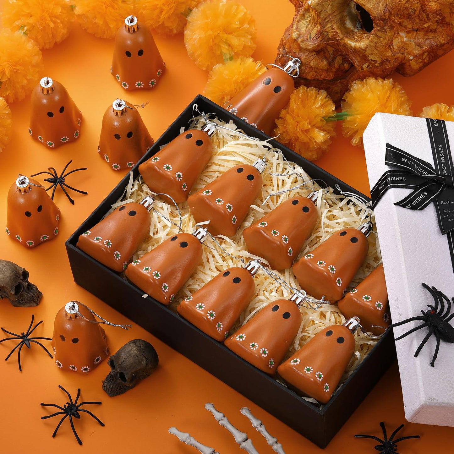 Simgoing 24 Pcs Day of The Dead Mexican Hanging Ghost Ornaments for Tree Dia De Los Muertos Halloween Small Ghost Tree Decorations Terracotta Flower Rustic Home Office Party Christmas Wreath Decor