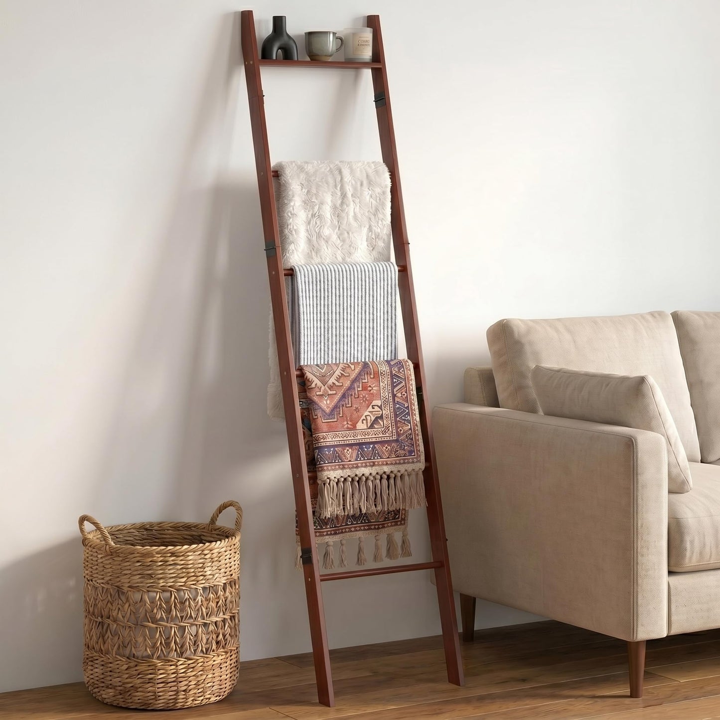 Plusinthebox 6 Tier Brown Blanket Ladder with Shelf, Wooden Blanket Rack for Living Room, Leaning Towel Ladder Rack for Bedroom, Bathroom, Quilts, Throws, Towels and Farmhouse Décor