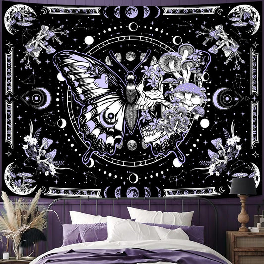 Fungarth Skeleton Butterfly Tapestry Purple Skull Hippie Mushroom Plants Tapestry for Bedroom Moon phase Aesthetic Tapestries Wall Hanging for Living Room Dorm (44.00” x 60.00”, Purple)