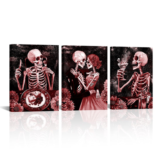 FuShvre Gothic Wall Art Skeleton Pictures Painting Canvas Red Moody Romantic Home Kitchen Restaurant Wall Decor Framed 12x16 inches each (Red)