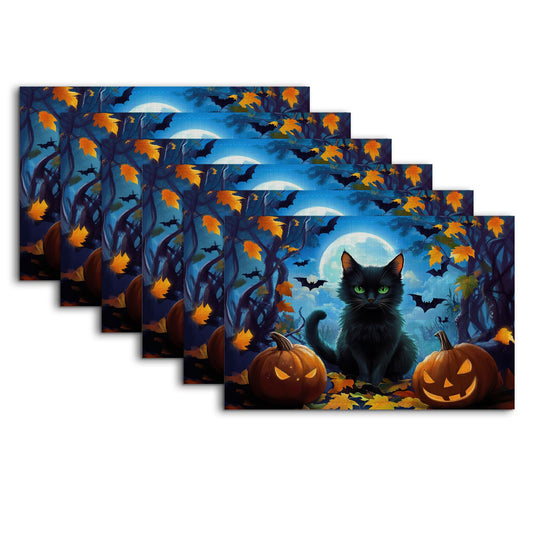 Black Cat Placemats Set of 6,Halloween Pumpkin Heat Resistant Non Slip Table Mats,Washable Wipe Clean Dining Placemats 12 x 18 Inches