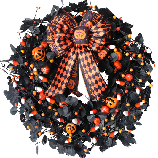 Bibelot 22inch Halloween Eucalyptus Wreaths Bow Decorative Wreaths Black Wreaths Pumpkin Decorative Party Holiday Celebration Indoor Outdoor Home Decoration