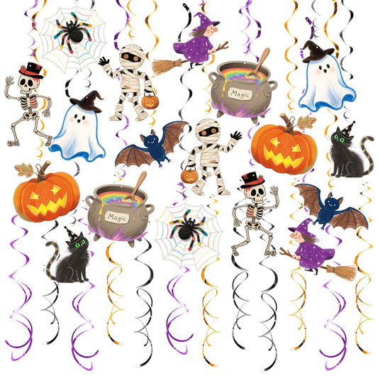 AimtoHome Halloween Hanging Party Decorations, 48 Pcs,Ceiling Decor Indoor Swirl Witches Cauldron Ghost Pumpkin Skull Cat Witch Party Supplies Sign,Black Purple Orange