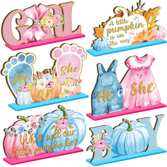 DoubleFill 6 Pcs Fall Little Thanksgiving Pumpkin Decorations Gender Reveal Party Table Centerpieces is on The Way Table Decor Boy Girl Toppers for Autumn Home He or She Party(Pink and Blue,Cute)