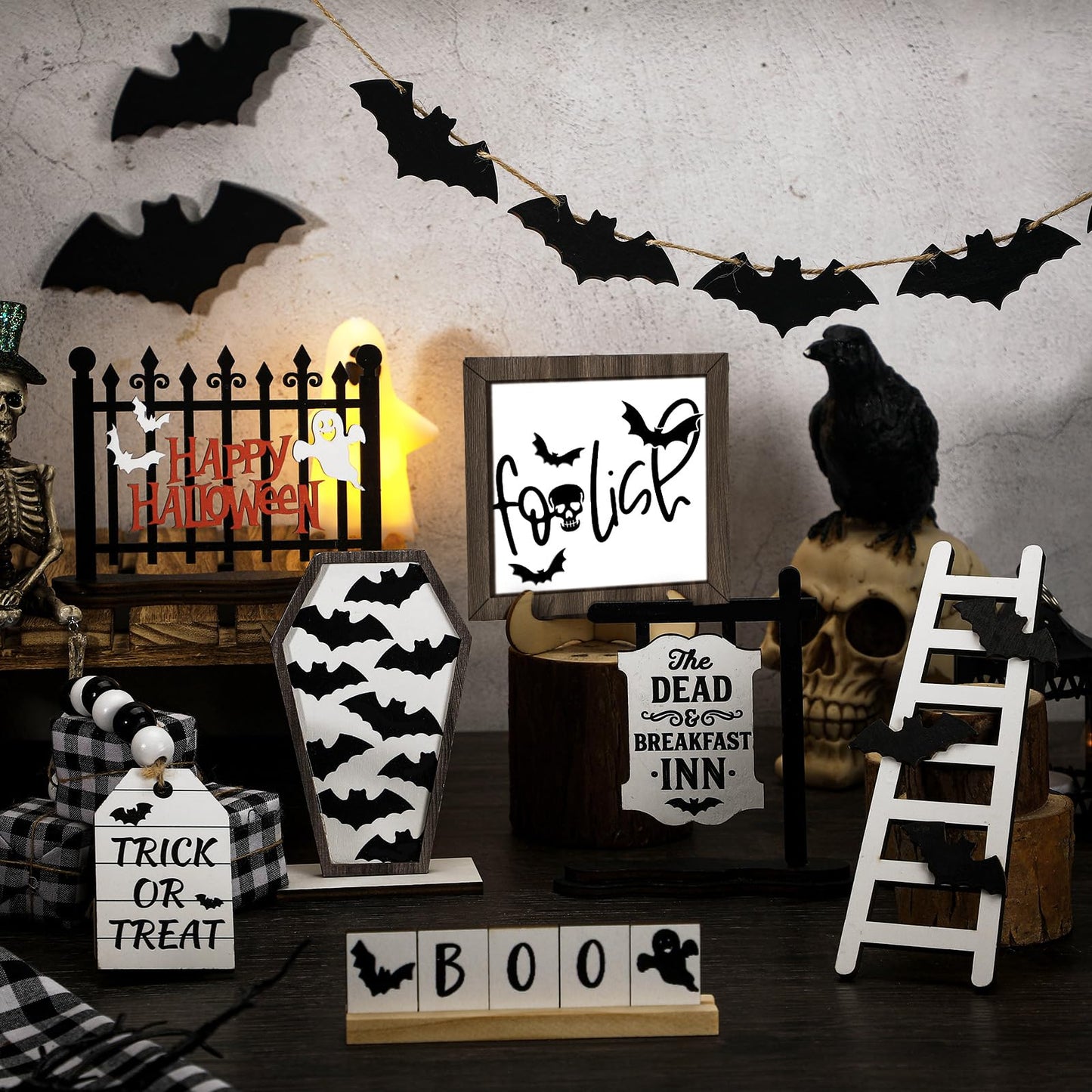 Umigy 15 Pcs Halloween Tiered Tray Decor Set Cute Ghost Tray Decorations Boo Halloween Wooden Signs Farmhouse Rustic Decoration for Home Table Party Supplies(Bat)
