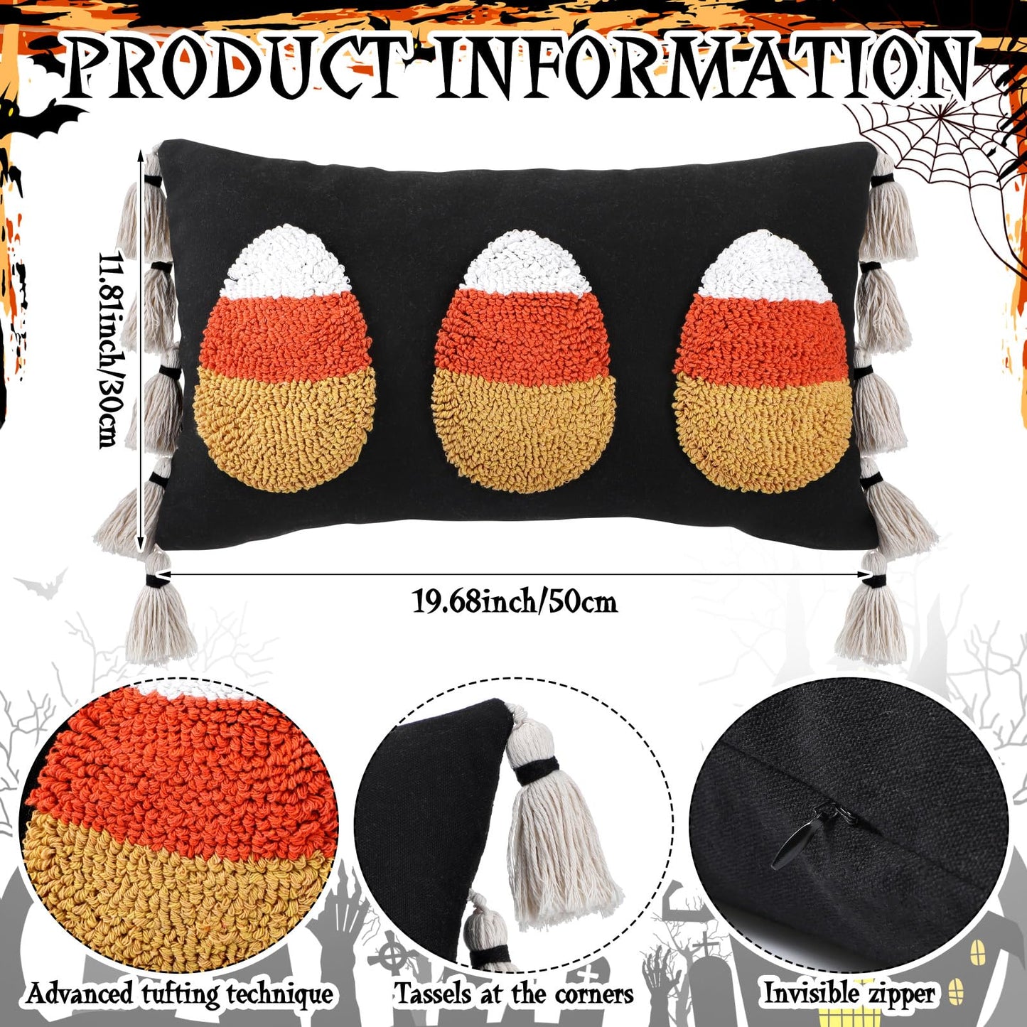Yuntau Halloween Throw Pillow Cover with Tassels 12 x 20 Inch Decorative Candy Corn Pillowcase Embroidery Furry Plush Candy Corn Cushion Cover Halloween Decorations for Home Sofa Couch Bedroom Outdoor