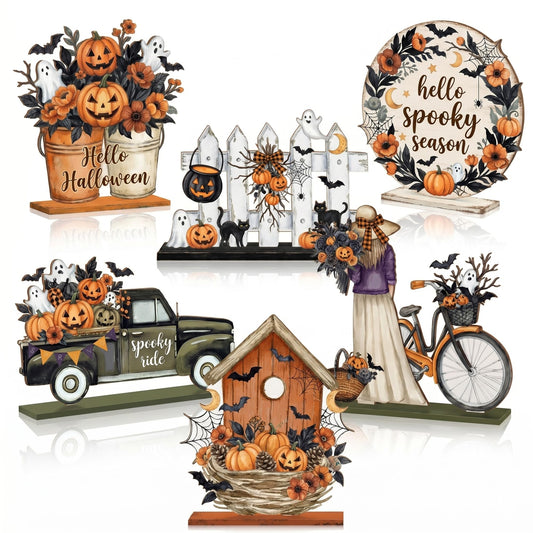 6 Pieces Halloween Table Decorations Rustic Wooden Pumpkin Ghost Witch Black Cat Vintage Truck Signs Spooky Halloween Centerpieces Tiered Tray Decor for Indoor Home Kitchen Party