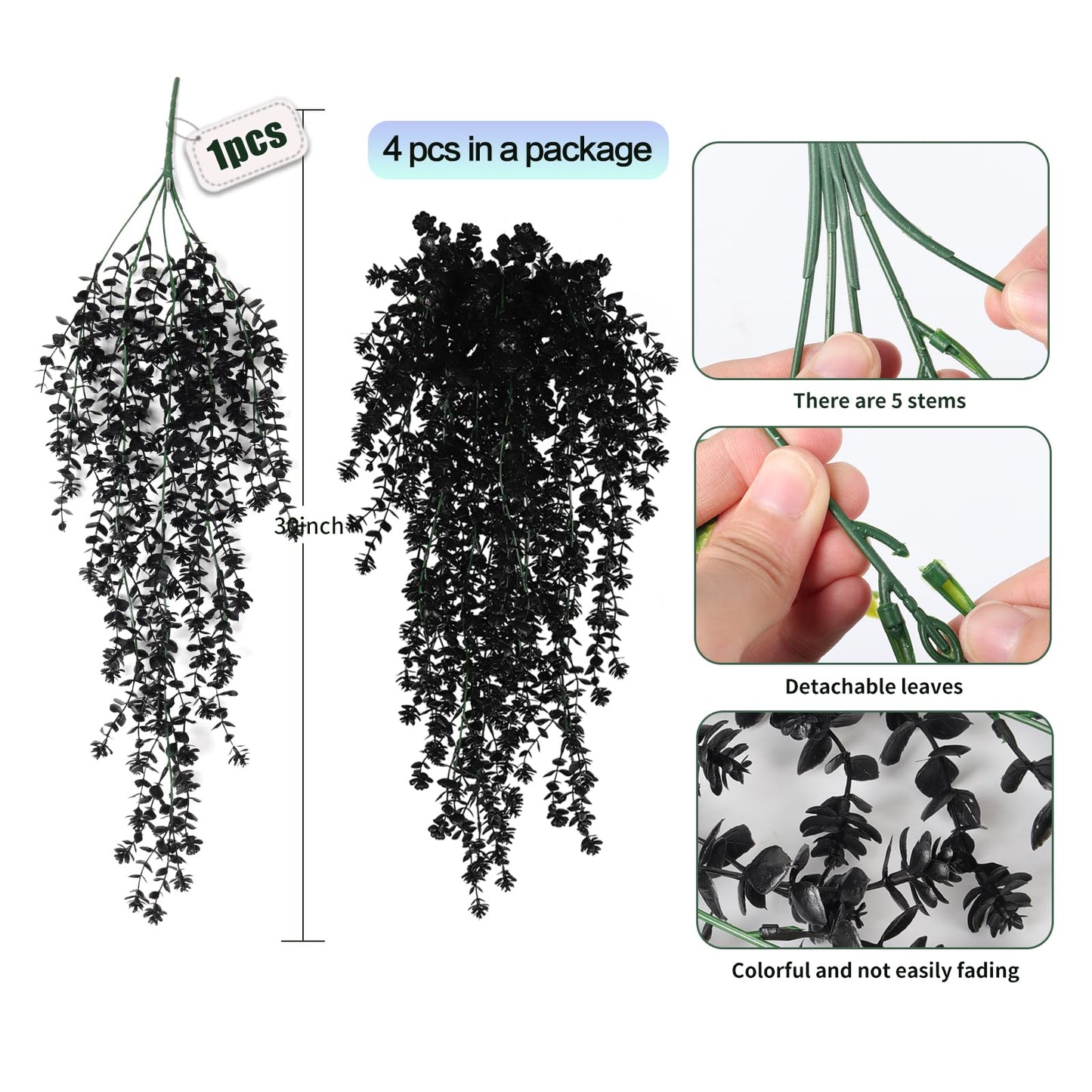 SJL Black Hanging Flowers Fake Hanging Plants Artificial Black Faux Flowers Outdoor Plastic Faux Ivy Plants UV Resistant Fake Eucalyptus Vine for Halloween Indoor Witchy Home Party Gothic Decor 4Pcs
