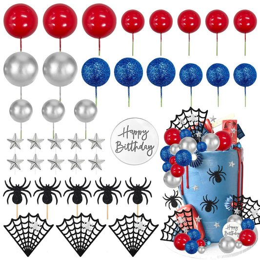 ZWLIYCHN Spider Cake Topper 39Pc Spider Web Cake Decorations Spiders Themed Birthday Cake Topper Spiders Cupcake Picks with Star Red Silver Blue Balls Cake Decors for Halloween Boys Men Birthday Party