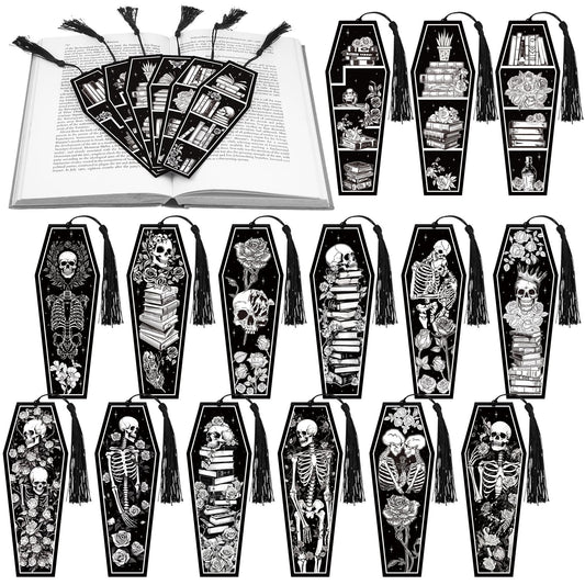 Kolldenn 120 Pcs 12 Styles Halloween Gothic Skeleton Coffin Bookmarks Double Sided Book Tracker Skull Horror Bookmark Gothic Book Marker with Black Tassels for Reading Lovers Gifts Accessories