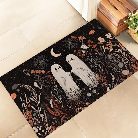 amepay Ghost Indoor Door Mat, Stylish 17x29.5in Non-Woven Fabric Floor Doormat with Spirits Floral Night Sky and Moon,Halloween Doormats, for Porch Insider,Bedroom,Living Room, Decor Rug Gifts