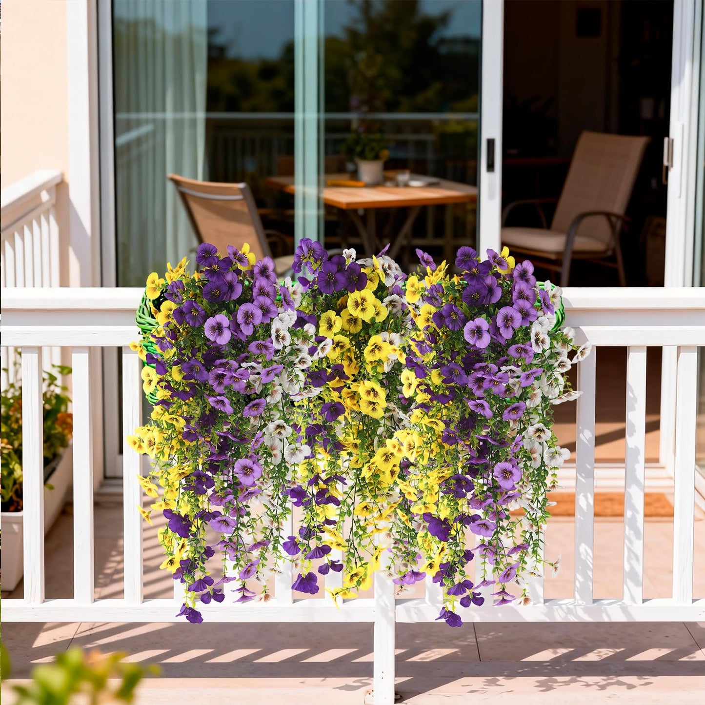 Fake Artificial Flowers for Outdoors, 4 Pcs Faux Hanging Pansy Flowers Spring Summer Decor, UV Resistant Fake Plants Silk Flower for Planter Front Door Porch Patio Yard Garden(Purple Yellow White)