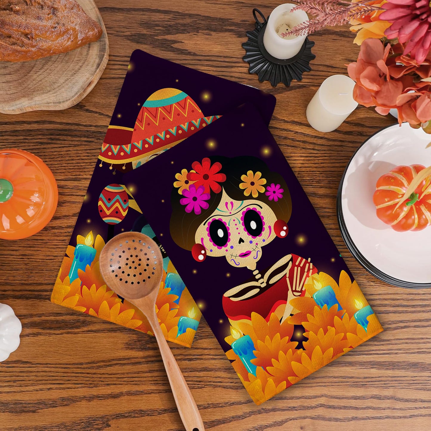 Yarcooly Day of The Dead Dish Towels for Kitchen Dia De Los Muertos Kitchen Towels Mexican Sugar Skull Marigolds Floral Decor Day of The Dead Decorations for Home Party