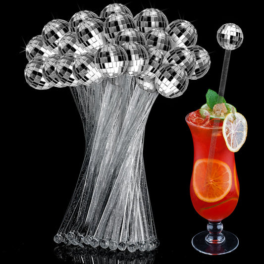 Sawysine 48 Pcs Disco Party Decorations Disco Ball Cocktail Stirrers 8 Inch Silver Mirror Ball Stir Sticks Beverage Coffee Drink Stirrer for 70s 80s Bachelorette Wedding Birthday Party(Silver)