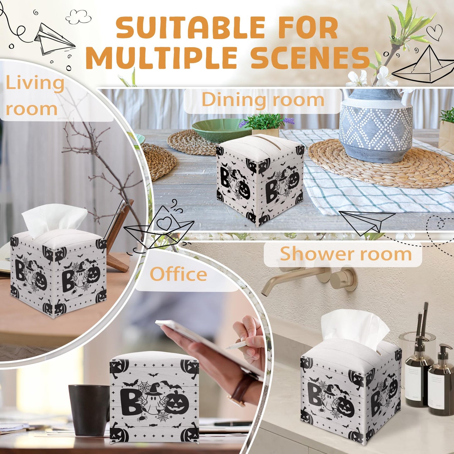 Boo Halloween Tissue Box Holder, Black Spooky Pumpkin Leather Tissue Box Cover Square, Horror Facial Paper Organizer Dispenser Toilet Paper Holder for Bathroom Kitchen Office Home Decor-A11