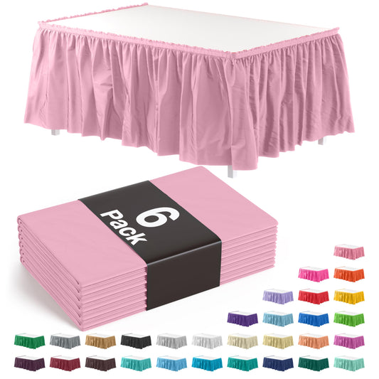 Exquisite Pink Table Skirt 6 Pack - Disposable Plastic Table Skirts for Rectangle Tables 6ft 8ft & Round Tables - 29in x 14ft Self-Adhesive Strip - Birthday Wedding Gender Reveal Decor