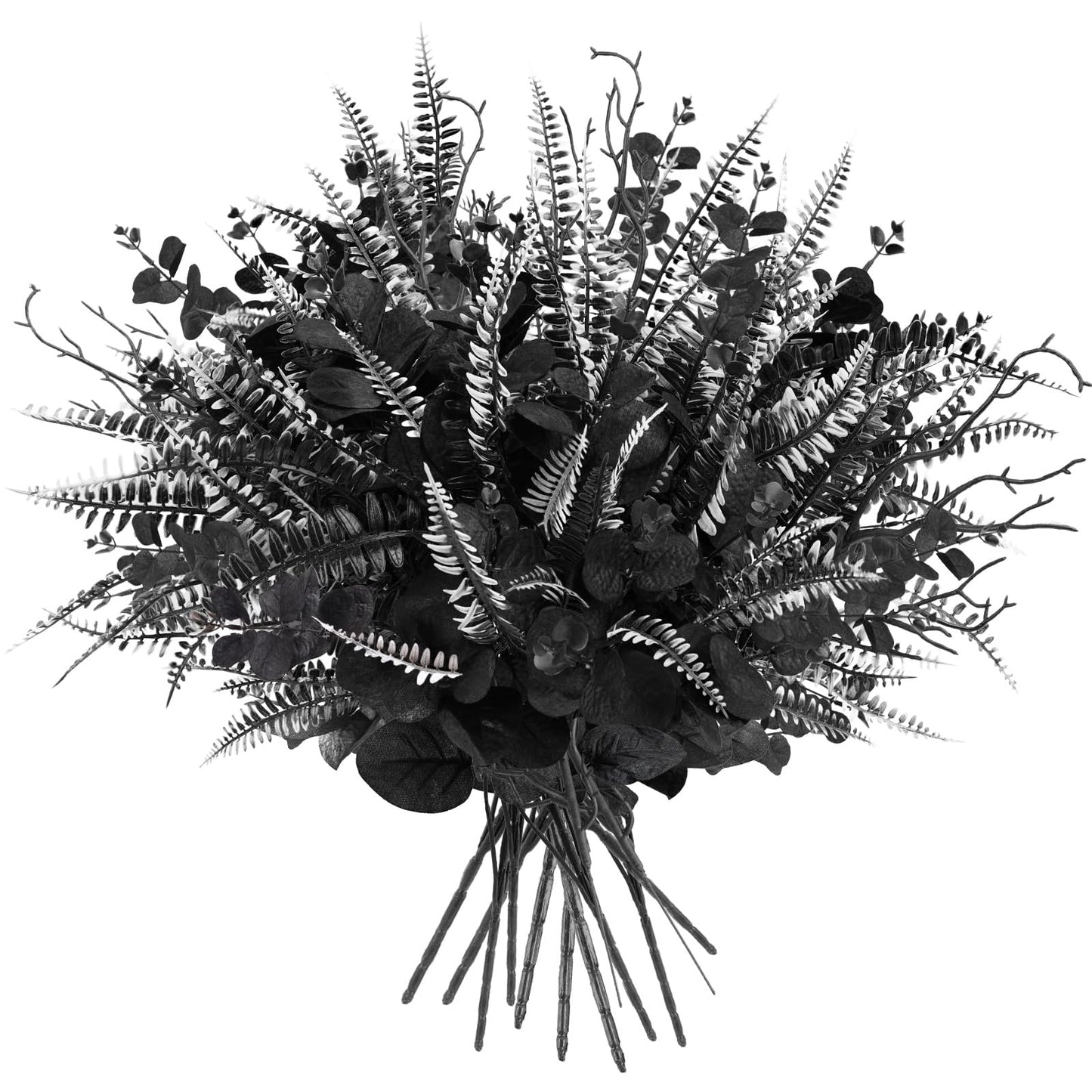 HIAGROW 12 Pcs Black Eucalyptus Stems with Ferns Dead Branches, Halloween Flowers DIY Black Silk Artificial Flowers Fake Spooky Branches for Home Halloween Farmhouse Gothic Arrangements Decor