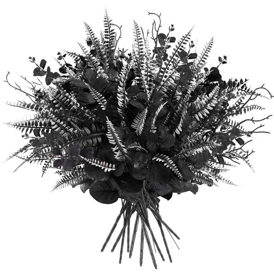 HIAGROW 12 Pcs Black Eucalyptus Stems with Ferns Dead Branches, Halloween Flowers DIY Black Silk Artificial Flowers Fake Spooky Branches for Home Halloween Farmhouse Gothic Arrangements Decor
