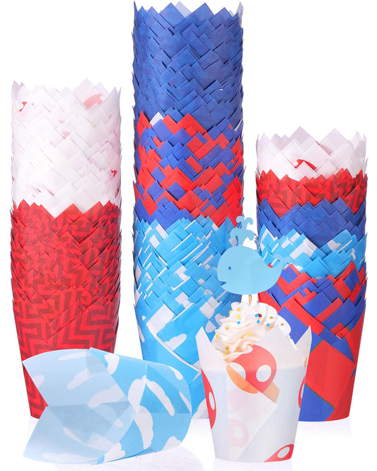 Reallnaive 500 Counts Muffin Liners Mushroom Party Decorations Red Blue Tulip Cupcake Liners Cupcake Baking Wrappers Grease Proof Cake Holders for Theme Birthday Party Supplies