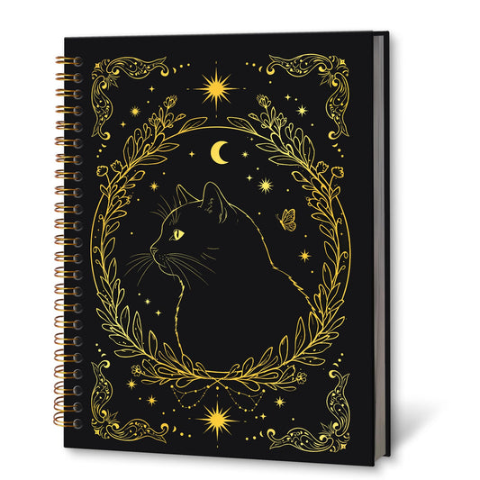 KTYHD Gothic Witchy Tarot Cat Notebook Journal 5.5x8.3in,Gothic Gold and Black Cat Journal for Writing,Goth Witch Animal Hardcover Spiral Notebooks