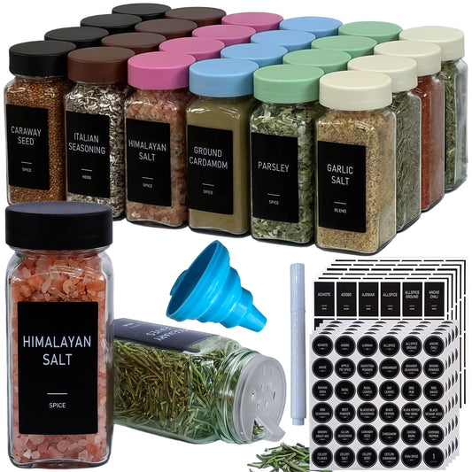 MISTGLAS Spice Jars with Labels - 24 Glass Spice with Shaker Lids & Airtight Plastic Caps - 4oz Complete Seasoning Containers Organizer Set for Cabinet, Drawer & Rack (Black)