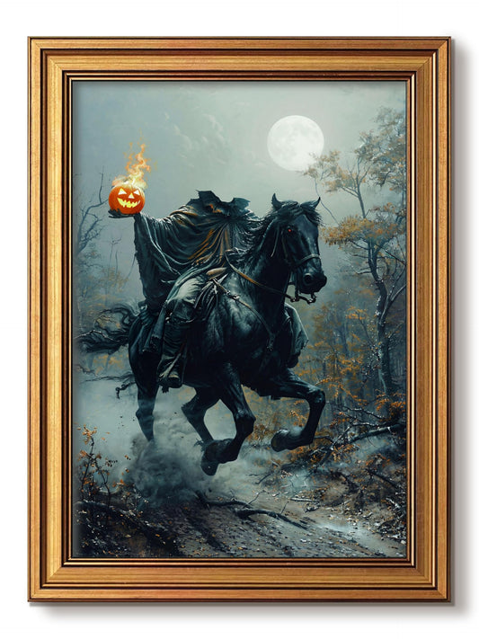 Vintage Gold Framed Halloween Wall Art, Spooky Headless Horseman Pictures Wall Decor, Gothic Horror Pumpkin Canvas Prints, Creepy Dark Academia Posters, Moody Artwork for Office Bedroom 12x16 Inch
