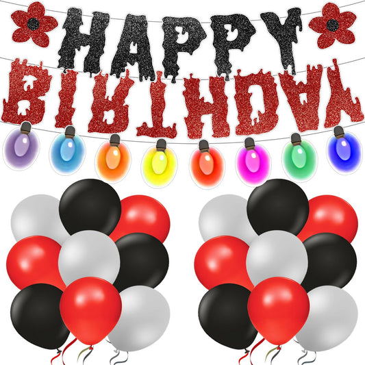 Horror Happy Birthday Banner, Retro Colorful Light Bulbs Banner Black Red Silver Balloons for Halloween Weird Party Supplies Decor