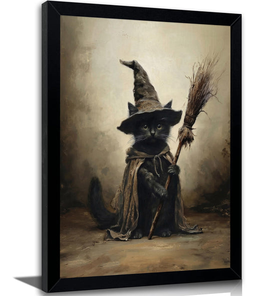Framed Gothic Witch Black Cat Wall Art, Vintage Halloween Canvas Print Poster, Dark Academia Spooky Decor for Living Room Bedroom, Witchy Home Decoration,