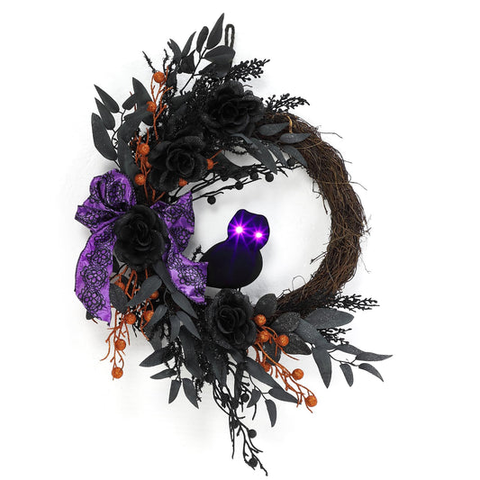 Garvee Halloween Door Wreath, 22 Inch Prelit Halloween Owl Wreaths for Front Door with Black Willow Leaves, Artificial Roses, Purple Bow for Indoor Outdoor Wall Porch Decor
