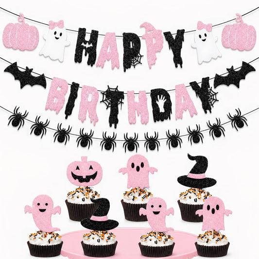 Pink Black Halloween Birthday Decorations, Cute Spooky Happy Birthday Banner with Ghost Pumpkin Bat Spider Garland, Halloween Party Supplies with Cake Toppers for Girls Birthday Party