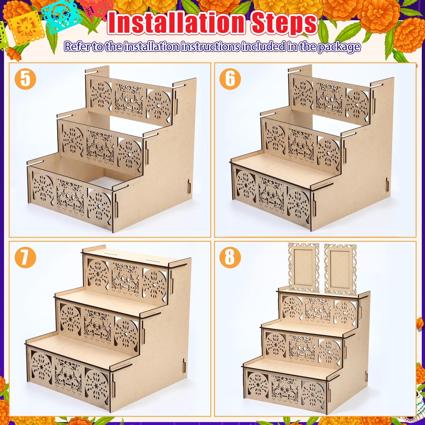MotiMind Dia De Los Muertos 2 Photo Frame Three Layer Altar Ofrenda Box, Poplar Plywood Sugar Skulls and Pan de Muerto Papel Picado, Self Painting Shadow Box Frame The Day of The Dead Decor(Elegant)