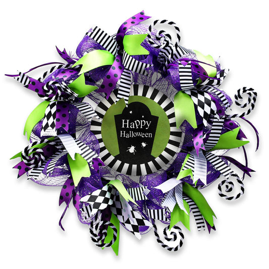 Hotop 15.7 Inch Halloween Wreath Green and Purple Worm Wreath for Front Door Black and White Stripe Door Decor Never Trust The Living Halloween Indoor Outdoor Home Decoration
