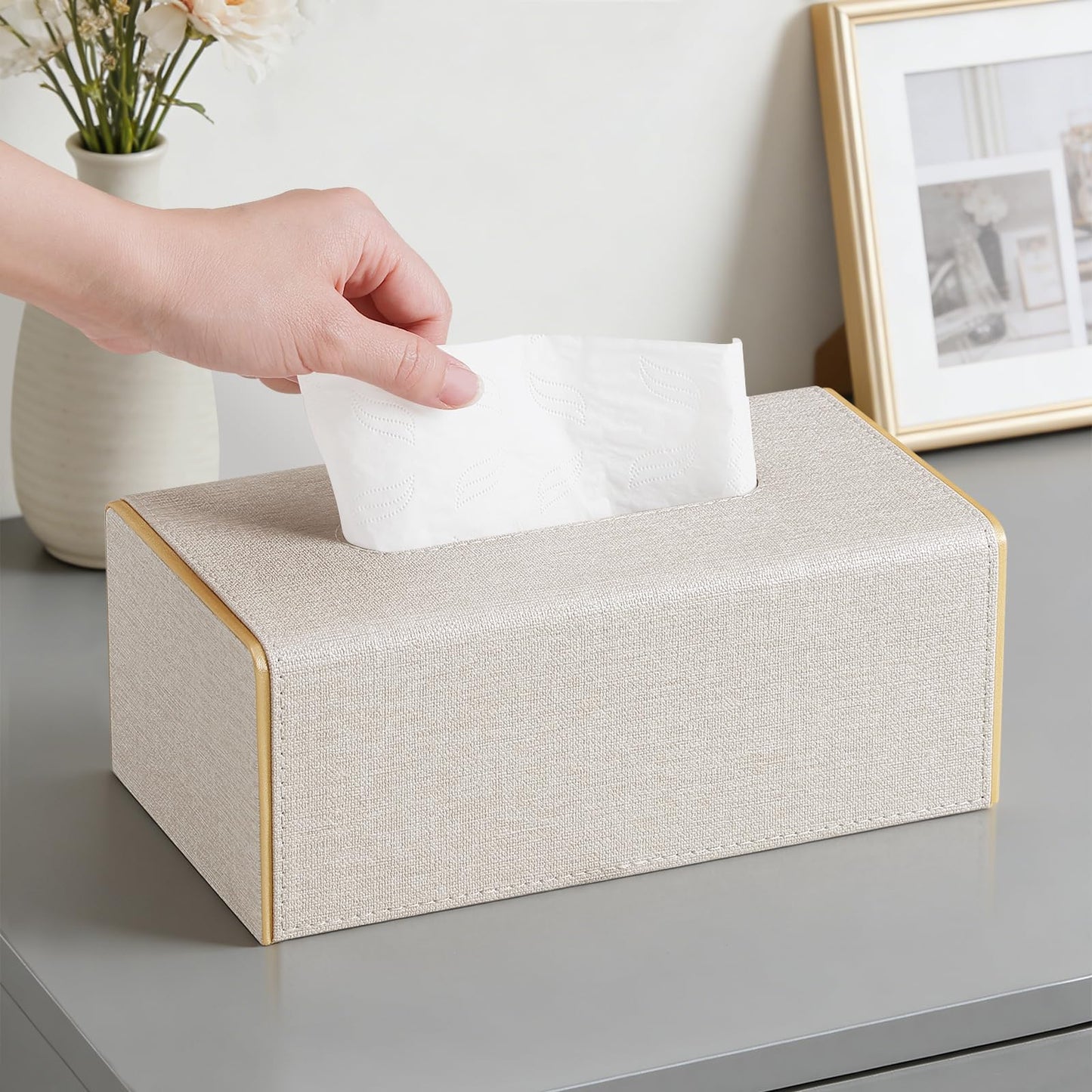 JLAMBOM Linen Tissue Box Cover Rectangle, 4 Sizes PU Leather Tissue Box Cover with Bottom, Decorative Tissue Holder for Bathroom Nightstand Car Office (Medium – Fits Tissue Boxes Up to 3.4" Tall)