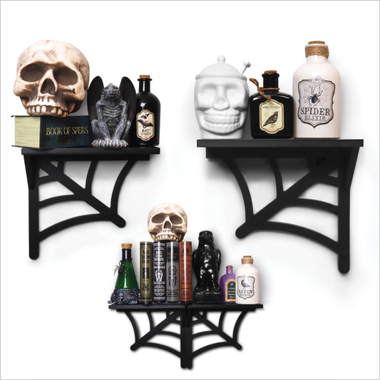 BELL BOOK AND CANDLE 2 PC Spider Web Floating Shelves - Hang Separately or Together - Spooky Gothic Decor - Goth Oddities Shelf - Horror Bookshelf