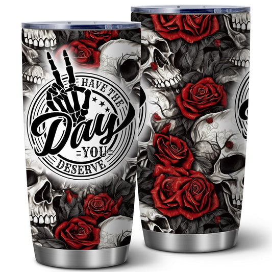 Equoza Skull and Rose 20oz Stainless Steel Tumbler with Lid, Halloween Gothic Finger Skeleton Hand Cup, Double Wall Insulated Travel Coffee Mug, Funny Dark Gift for Men and Women
