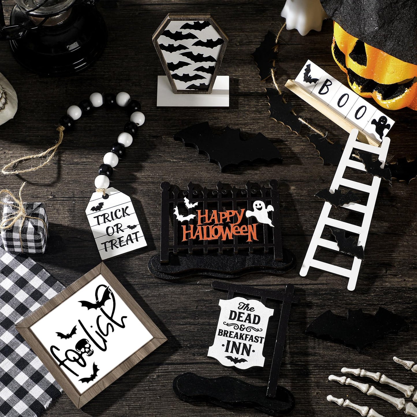 Umigy 15 Pcs Halloween Tiered Tray Decor Set Cute Ghost Tray Decorations Boo Halloween Wooden Signs Farmhouse Rustic Decoration for Home Table Party Supplies(Bat)