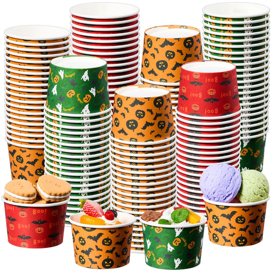 Newtay 120 Pcs Halloween Snack Cups 9 oz Ice Cream Bowls Pumpkin Ghost Bat Treat Paper Disposable Cups Dessert Soup Bowls for Hot or Cold Food Sundae Yogurt Halloween Party Supplies