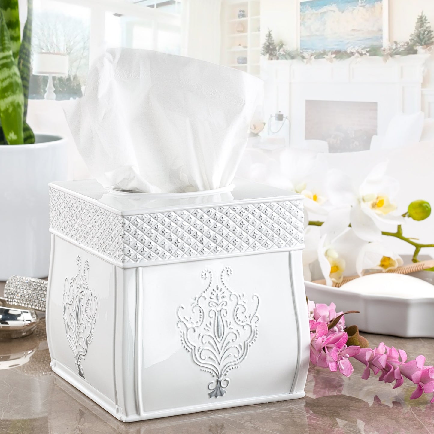 Vintage White Square Resin Tissue Box Cover with Bottom Slider