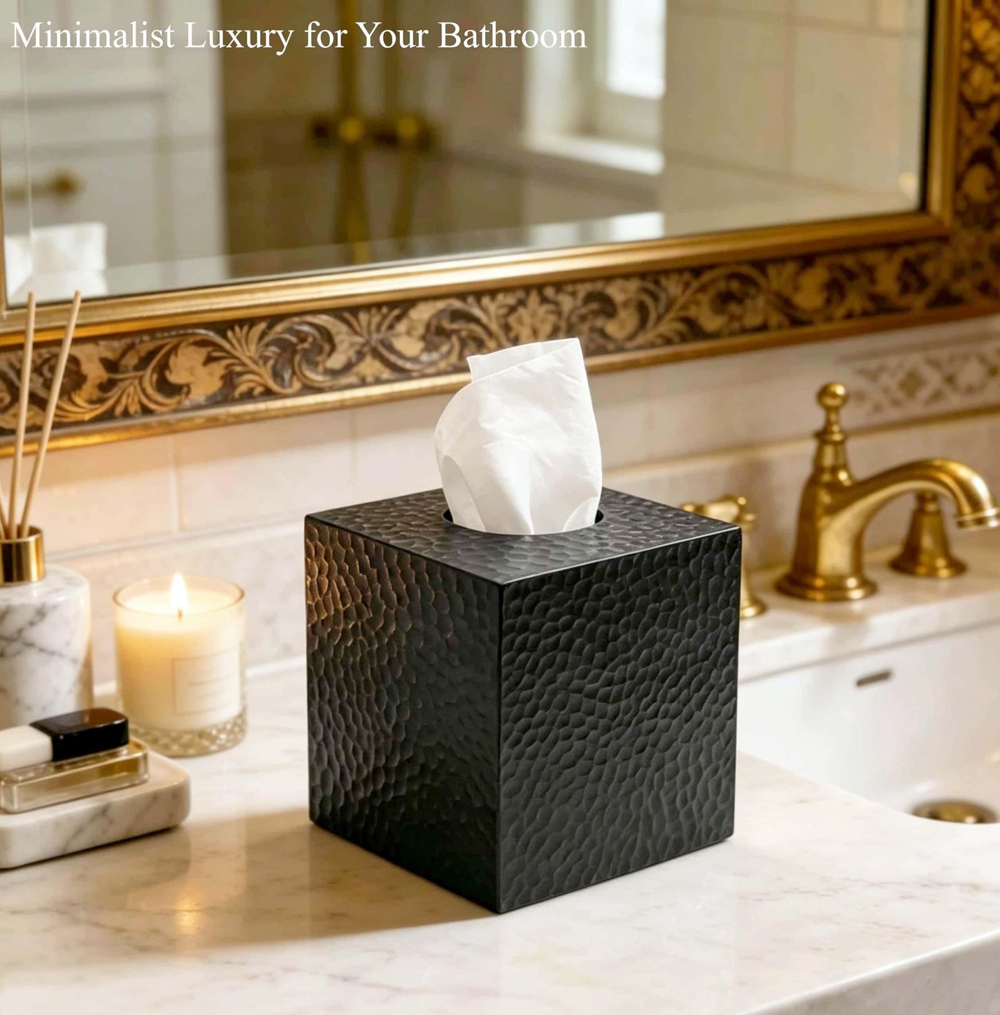 JWT Astyle Hammered Square Black Facial Tissue Box Cover Holder.Handcrafted Resin Kleenex Box Covers Cube with Open Bottom for Bathroom Livingroom Kitchen Office Home Decor Gifts