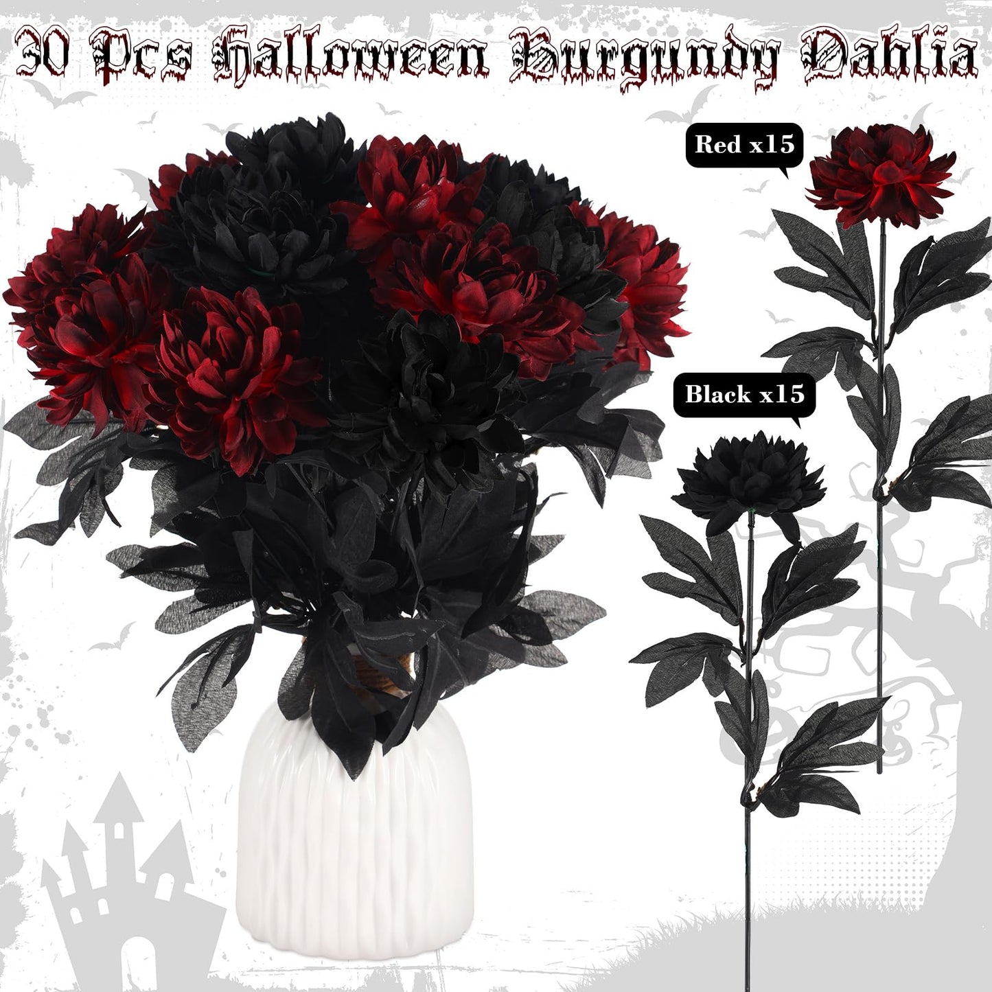 Tigeen 30 Pcs Black Burgundy Flowers Artificial Dahlias Gothic Flowers with Stems Faux Dahlia Long Stem for Wedding Halloween Bridal Bouquet Harvest Table Centerpieces Home Decor Floral Arrangements