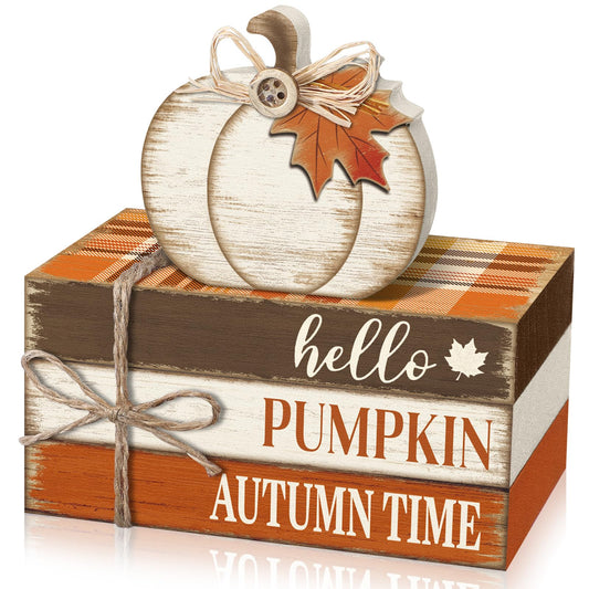Geelin 4 Pcs Fall Tiered Tray Decorations Thanksgiving Wooden Pumpkin and Maple Leaf Book Stack Signs, Autumn Vintage Table Decoration for Home Office Table Shelf Centerpiece Farmhouse Decorations